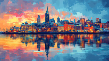 Fototapeta premium St Johns, Canada, Pop Art style theme print. Cityscape, city skyline.Vibrant, bright, modern, trendy, graphic designed for poster, card, wallpaper