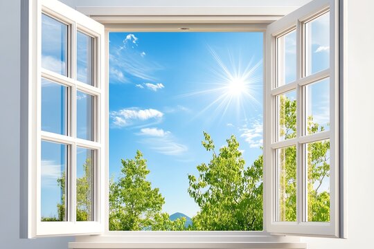 A bright and airy window view showcasing a clear blue sky and lush greenery, perfect for creating a serene atmosphere.