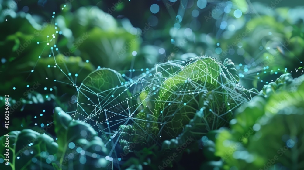 Poster network of sensors collecting data from crops growing in futuristic greenhouse, optimizing irrigatio