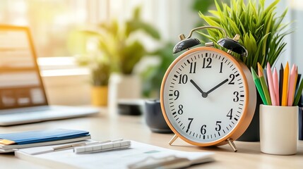A cozy workspace featuring a clock and vibrant plants, perfect for productivity and inspiration in a sunny environment.