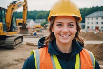 Close portrait of a smiling young Luxembourgish woman construction worker looking at the camera, Luxembourgish outdoors construction site blurred background