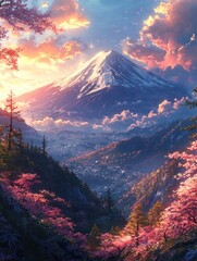 Majestic Snow-Capped Mountain at Sunset with Blossoming Forest and Village Below