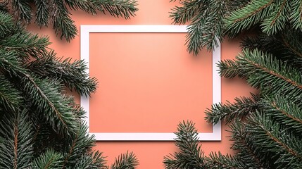 Pine branches frame empty peach background