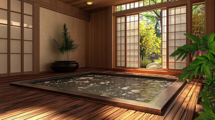 traditional japanese ofuro bath in stylish spa center, wooden decor, traditional interior, japan, pool, jacuzzi, water procedures, wellness, hotel, ryokan