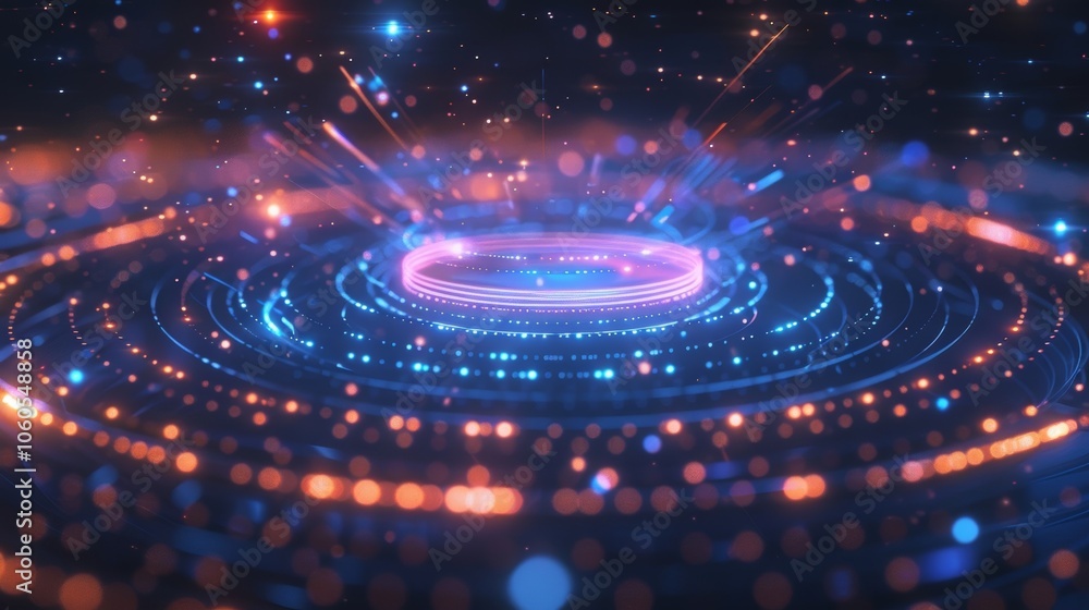 Poster glowing portal emitting bright lights and energy beams surrounded by rotating circles and bokeh effe