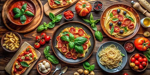 Exquisite Flat Lay of Authentic Italian Cuisine Featuring Pasta, Pizza, and Gourmet Ingredients for Culinary Enthusiasts