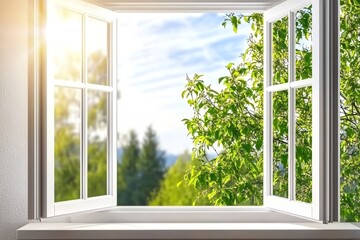 Bright window view showcasing lush green foliage and a clear sky, inviting natural light into a serene indoor space.