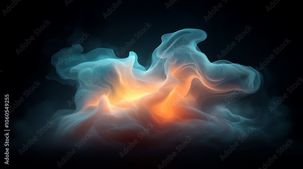 Poster dynamic fluid motion illuminates ethereal forms with radiant warmth in a dark background