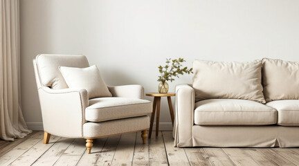 minimalist living room with a beige sofa armchair