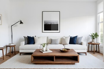 Minimal white living room with a sofa, wooden coffee table, and an art frame.
