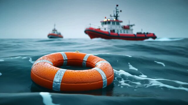 Rescue lifebuoy floating in calm ocean waters with a rescue ship in the background, creating a safety and emergency scene at sea.