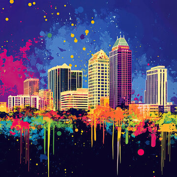 Tallahassee, Florida, Pop Art style theme print. Cityscape, city skyline.Vibrant, bright, modern, trendy, graphic designed for poster, card, wallpaper