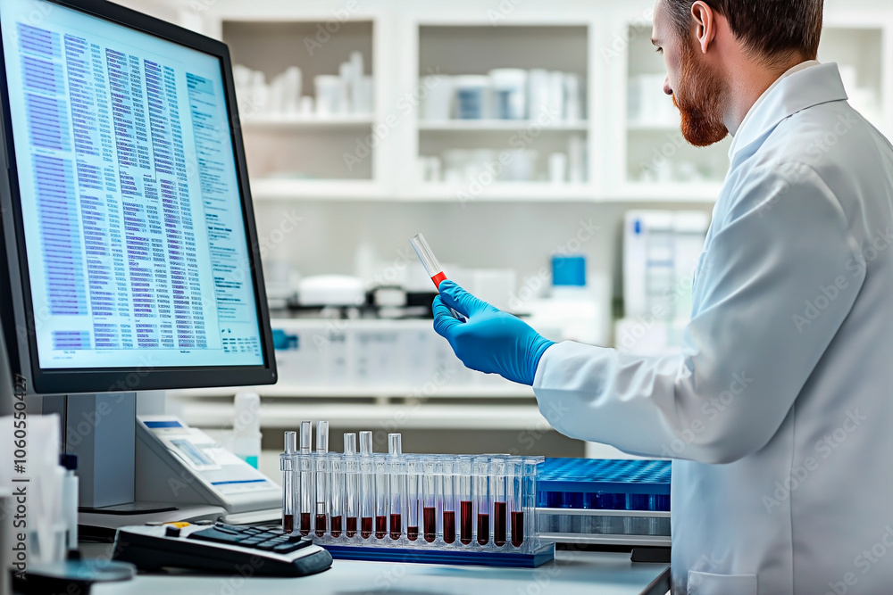Poster scientist analyzing data with test tube in modern laboratory. medical scientist examining test resul
