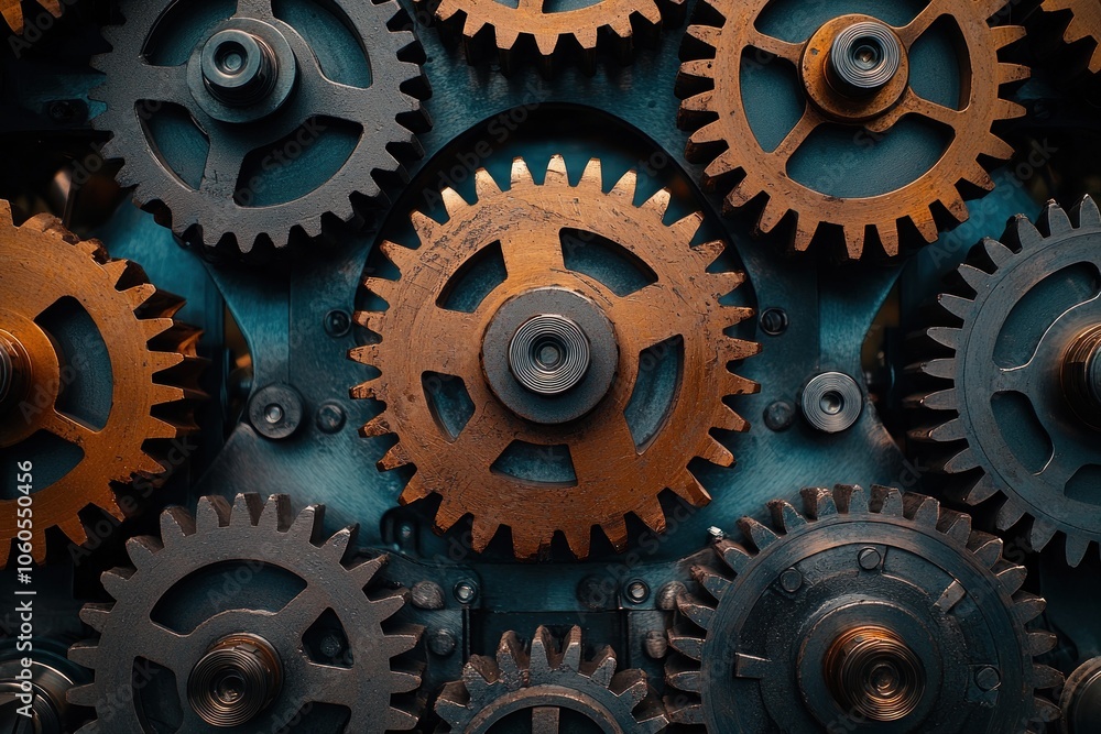 Poster Close-up of Interlocking Cogs in a Mechanical System