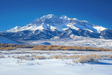 Snow-covered mountains basking in a clear blue sky on a bright winter day