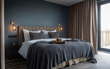An elegant bedroom scene featuring gray-blue walls and a comfortable bed layered with a dark gray blanket. 