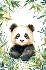 Fototapeta premium Adorable baby panda surrounded by lush greenery in a beautiful watercolor illustration perfect for animal lovers and art enthusiasts
