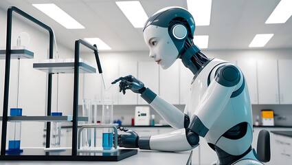 human like robot in lab conducting tests with precision and focus