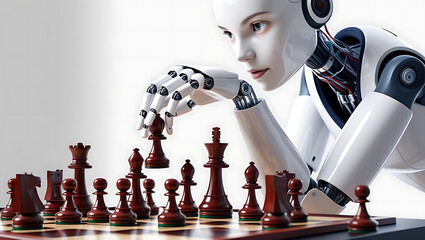 Humanoid robot playing chess with precise hand movements, showcasing intelligence