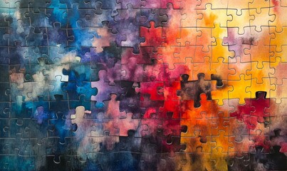 Interlocking puzzle pieces with a watercolor texture, symbolizing connection and diversity in a colorful, abstract design