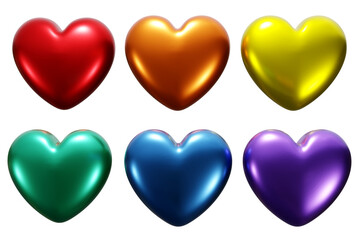 3D rendered illustrations of a set of colorful heart icons in red, orange, yellow, green, blue, and purple, with a shiny metallic finish, conveying variety and vitality. Expression of love and feeling