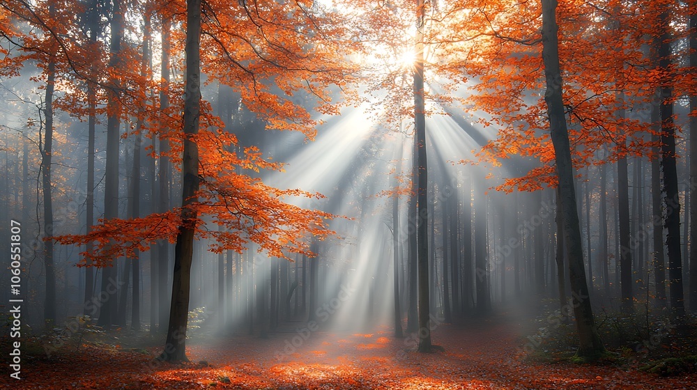 Aufkleber sunlight illuminates autumn forest as trees stand tall creating a magical atmosphere of serenity and