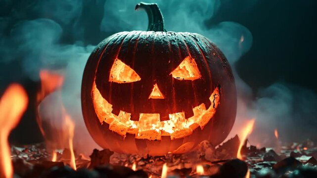 A glowing jack-o'-lantern sits in a pile of embers, surrounded by smoke, on Halloween night
