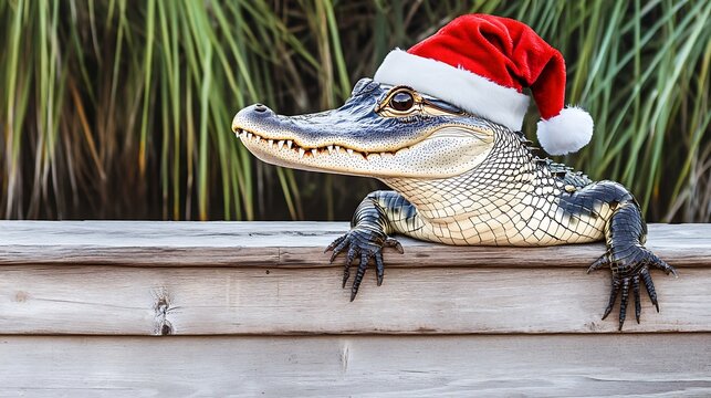 This humorous stock photo features a quirky holiday scene of a funny alligator in a Santa hat, perfect for adding a touch of festive fun to your Christmas promotions and materials.