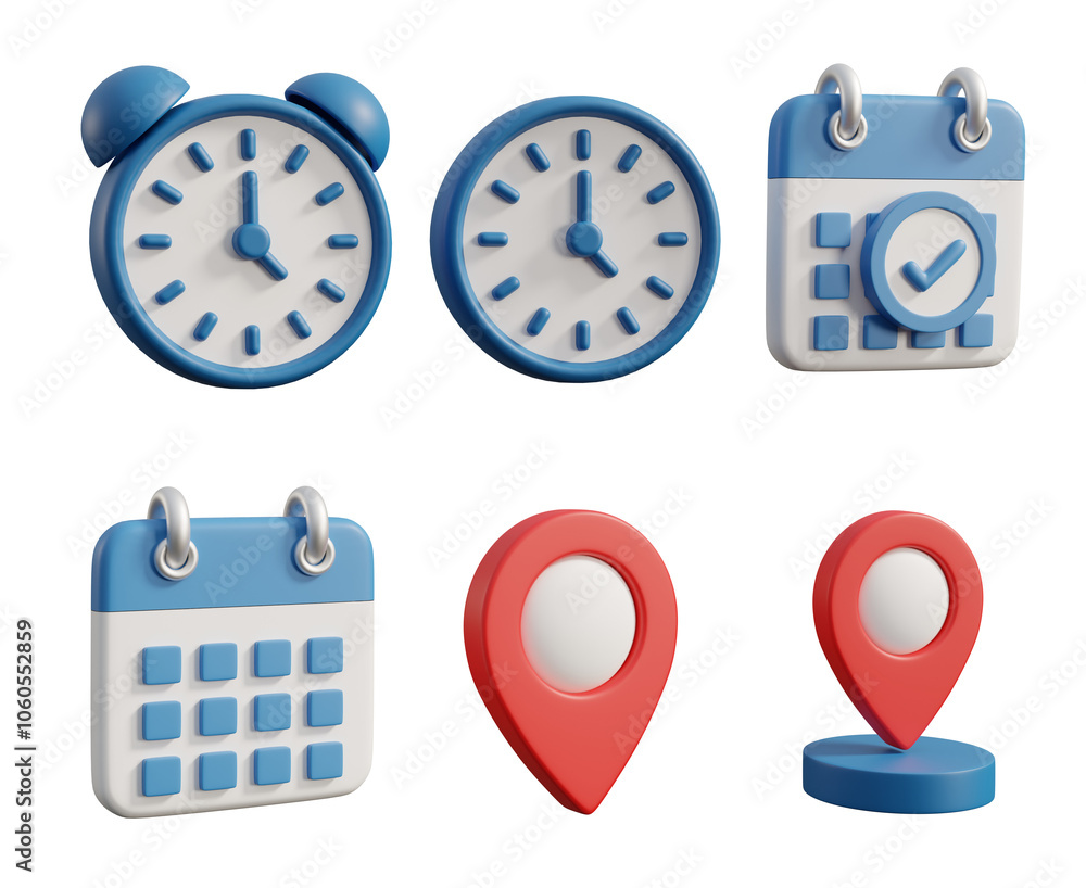 Poster 3d rendered illustrations of appointment and location icons. includes an alarm clock, a regular cloc
