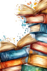 Fototapeta premium A vibrant watercolor illustration of stacked books with open pages celebrating the beauty of reading and knowledge in art