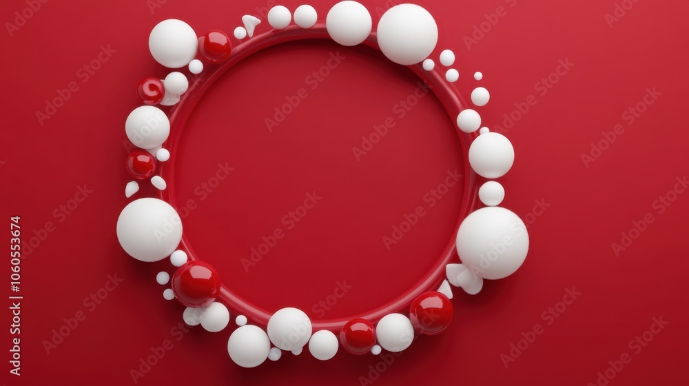 Poster a red circle frame with white and red spheres arranged around it, creating a festive and abstract de