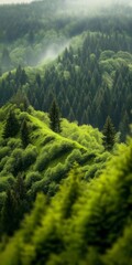 Obraz premium Lush green hills and dense trees blanket the landscape in a tranquil forest during early morning fog