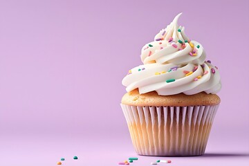 Frosted Cupcake with Colorful Sprinkles on Lavender Background