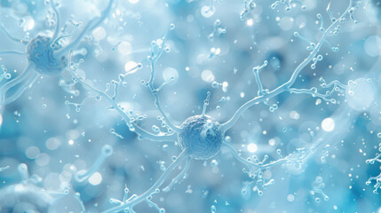 Microscopic view of neurons in blue environment, showcasing intricate structures and connections. This captivating image highlights beauty of cellular biology and complexity of neural networks