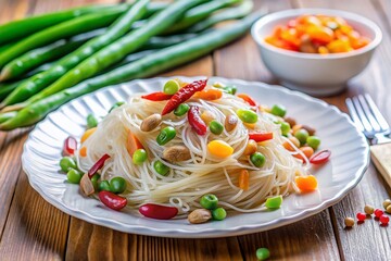 Fresh Glass Noodle Dish with Green Beans &ndash; Culinary Delight on a White Plate for Food Photography, Healthy Eating, and Asian Cuisine Inspiration