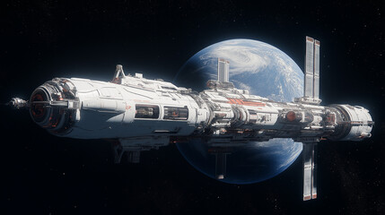 a huge, futuristic space station, where thousands of people live and work. Black background.