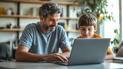 man showing teenager program on laptop screen, programming tutor, boy and father, son, parent, IT lesson, teacher and student working on computer, studying, time together