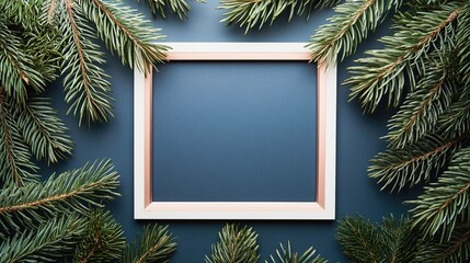 Pine branches frame with central empty space on blue