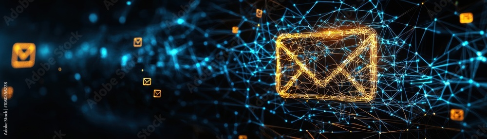 Poster a glowing yellow email floating in ai network matrix as secure email gateway filtering threats, emai