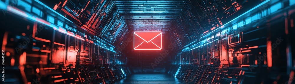 Poster a glowing red mail floating in a matric room as secure email gateway filtering threats, email securi