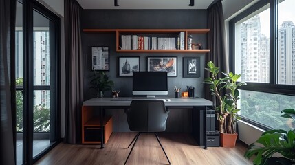 111. Modern home office with a simple desk, minimal decor, and natural light