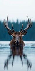Naklejka premium Majestic elk emerges from calm waters amidst a serene forest backdrop during a tranquil early morning