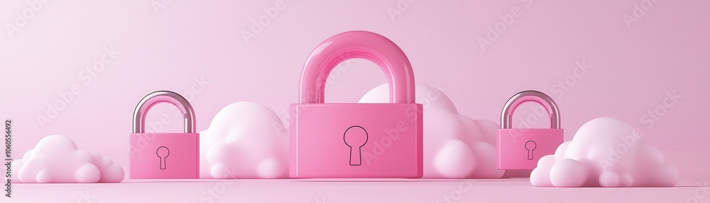 Poster three pink locks with white cloud on pink background as secure multi-tenant cloud environments, mult