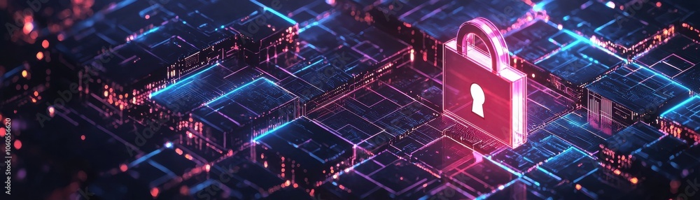 Poster a red neon lock on futuristic background as secure orchestration and management of serverless functi