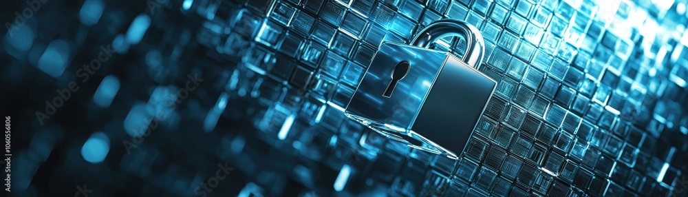 Poster a simple metal lock on metal cube background as secure web gateway blocking malicious sites, web sec