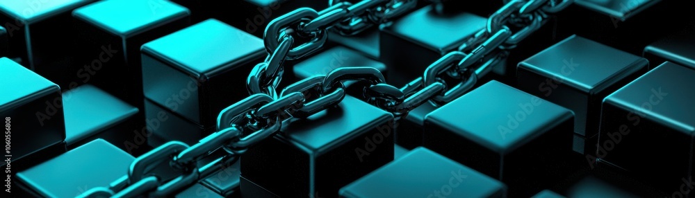 Poster a chain on metal cubes as secure web gateway blocking malicious sites, web security, filtering harmf