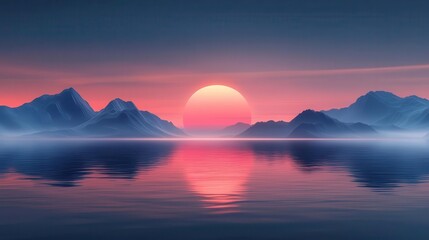 a stylized sunset over a calm ocean illustrated in a smooth 3d vector design the colors blend beautifully creating a serene and inviting atmosphere