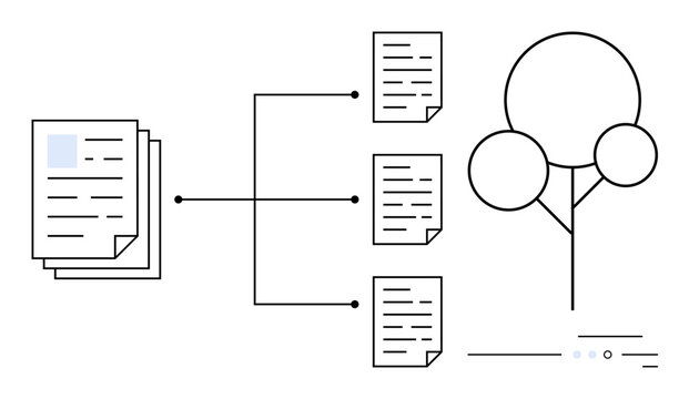 Documents branching out into organized sections from main stack to a tree diagram. Ideal for file management, data organization, work process optimization, knowledge distribution, digital storage