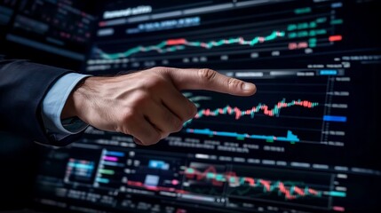 A close up of a businessmans hand pointing to a specific point on a forex trading graph displayed on a computer screen, highlighting a crucial moment in stock market investments