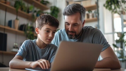 man showing teenager program on laptop screen, programming tutor, boy and father, son, parent, IT lesson, teacher and student working on computer, studying, time together